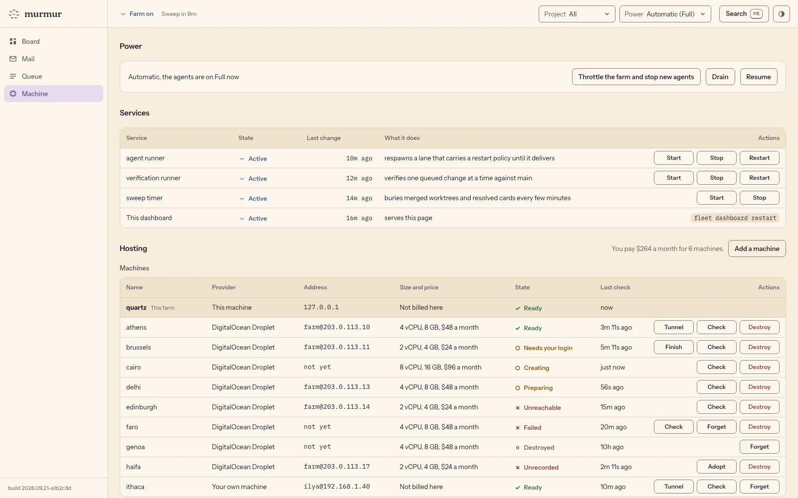 The Machine tab: the power setting, the services and the hosting