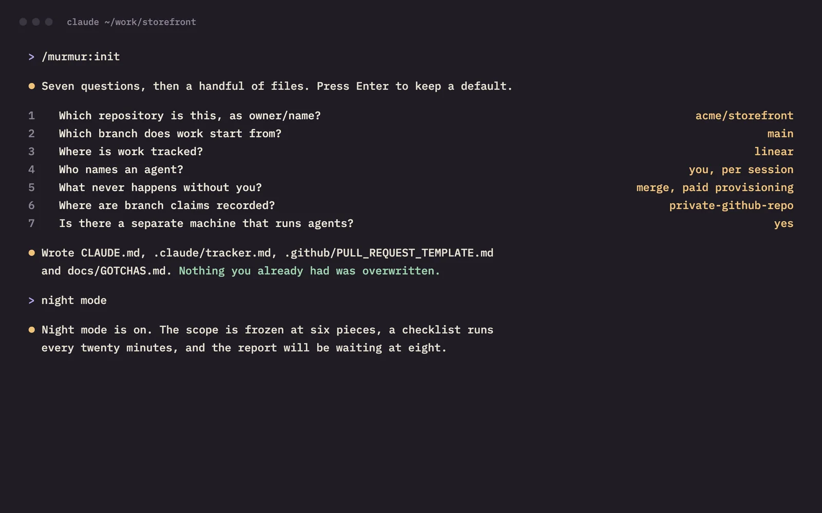 Claude Code running murmur's setup, then night mode